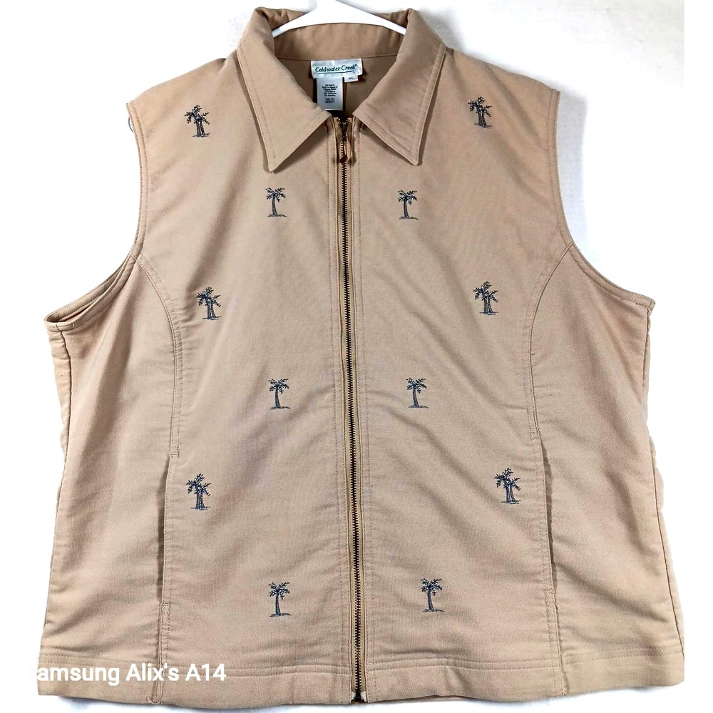 Coldwater Creek Palm Trees Tropical Golf Preppy‎ Tan Vest  XL Driver Zipper Pull